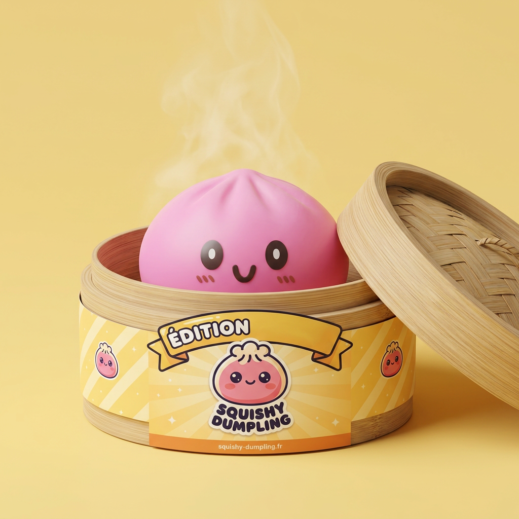 Dumpling Squishy Géant Rose dans sa boîte panier vapeur bambou
