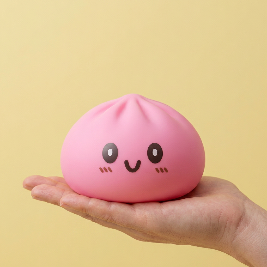 Dumpling Squishy Géant Rose tenu en main, taille réelle