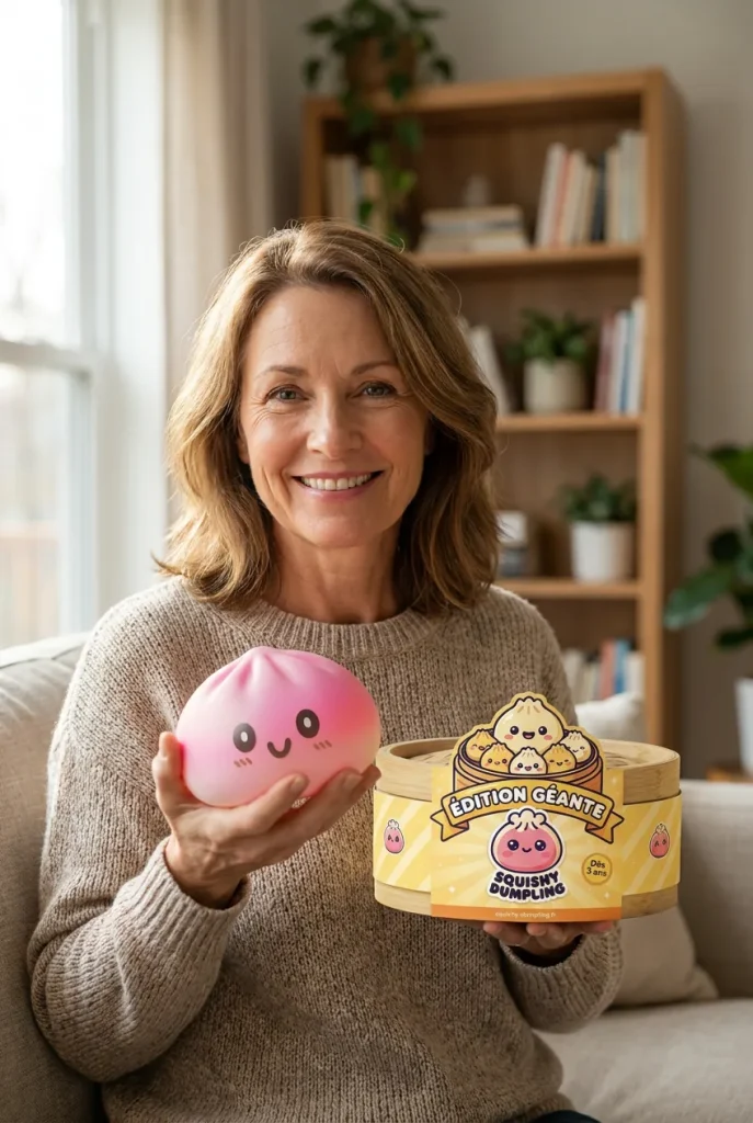 Dumpling Squishy Géant Rose présenté avec sa boîte panier vapeur — photo client
