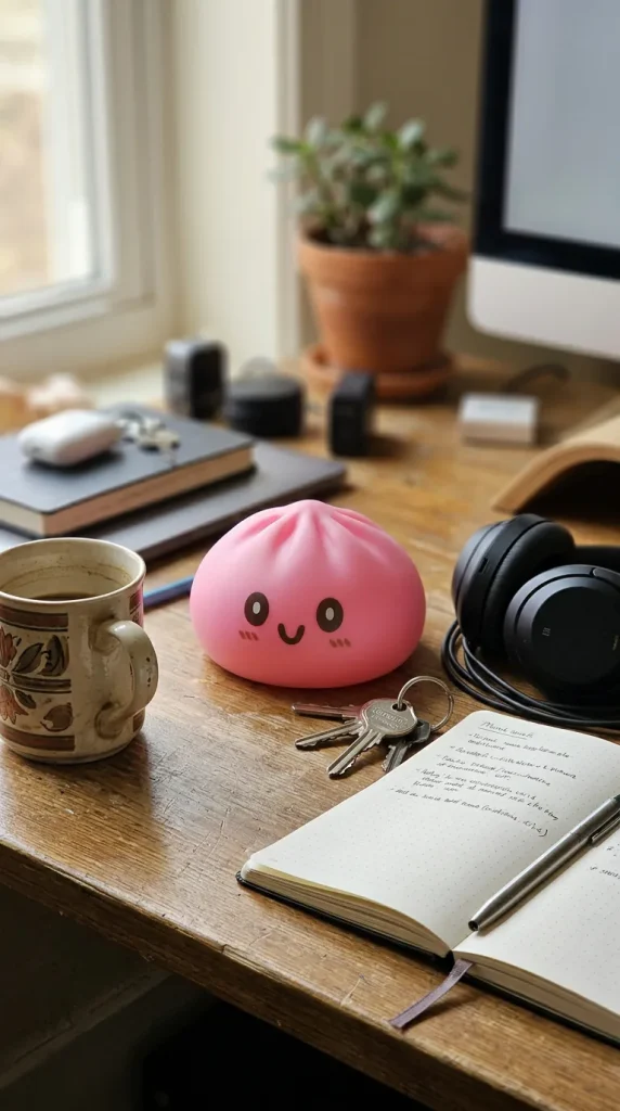 Dumpling Squishy Géant Rose posé sur un bureau, dans le quotidien
