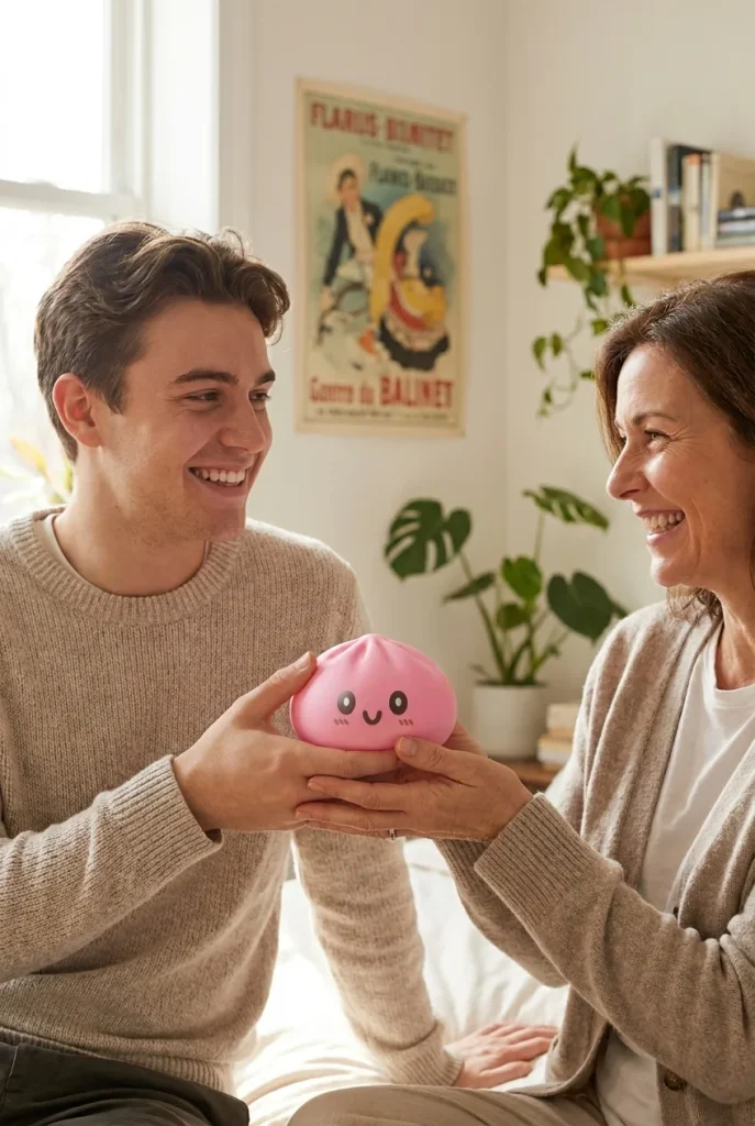 Dumpling Squishy Géant Rose offert en cadeau entre deux personnes