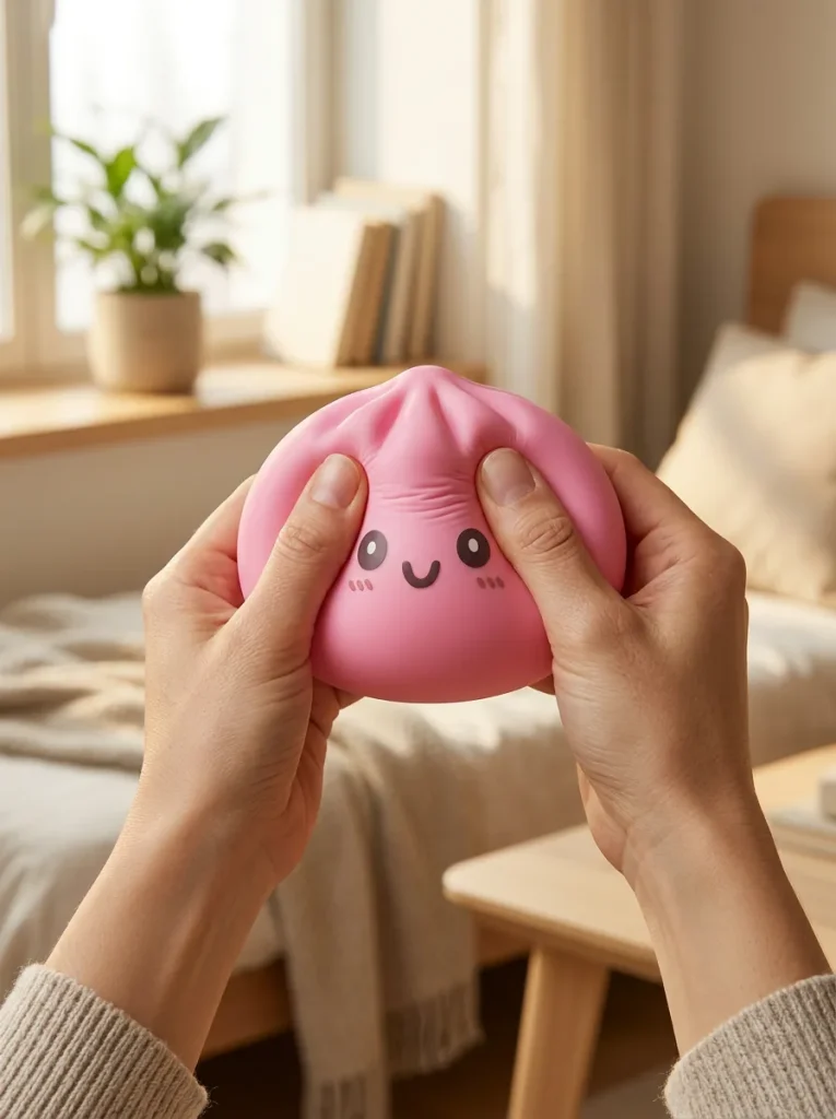 Dumpling Squishy Géant Rose pressé dans la main — effet squishy slow-rise