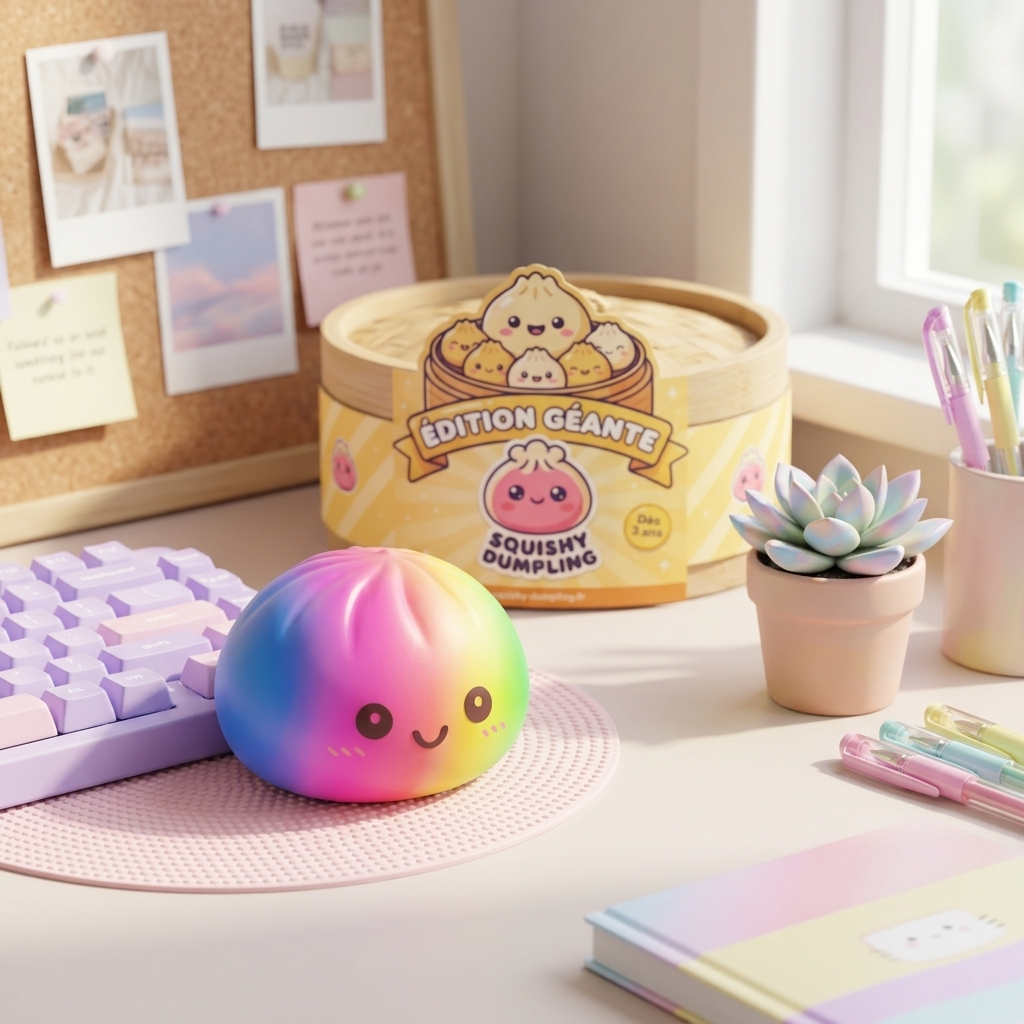 Rainbow Dumpling Squishy Grand Format en ambiance sur un bureau