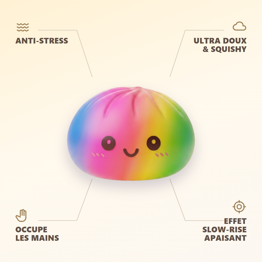 Rainbow Dumpling Squishy Grand Format — anti-stress, ultra doux, effet slow-rise