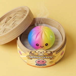 Rainbow Dumpling Squishy Grand Format dans sa boîte panier vapeur bambou