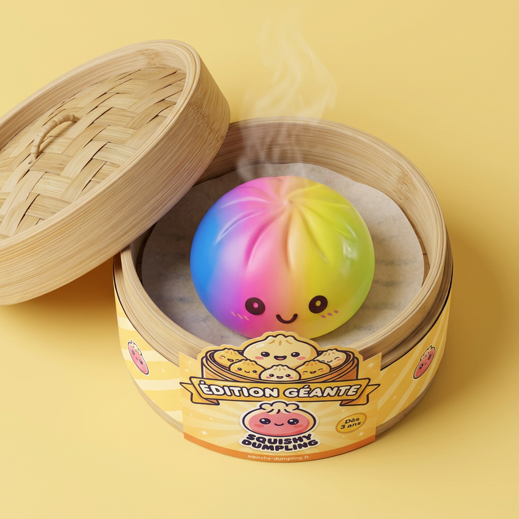 Rainbow Dumpling Squishy Grand Format dans sa boîte panier vapeur bambou