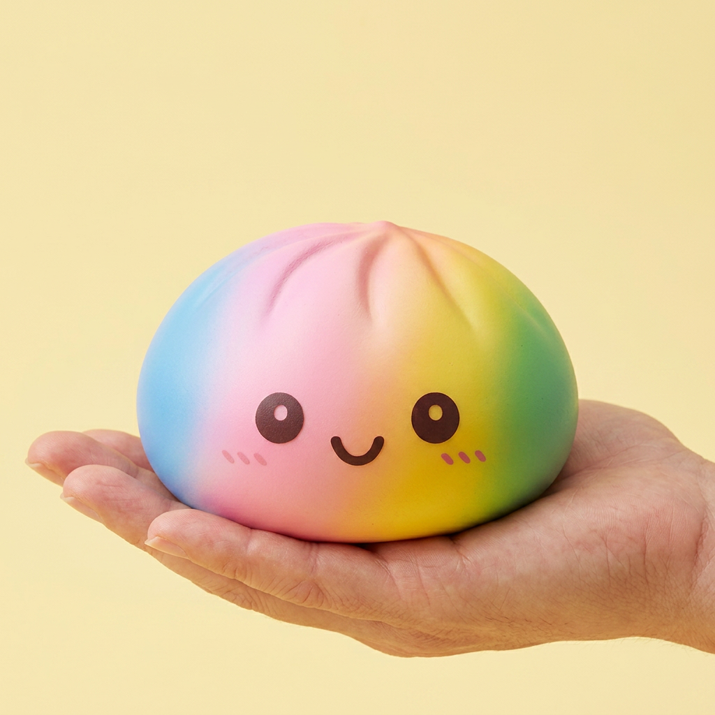 Rainbow Dumpling Squishy Grand Format tenu en main, taille réelle