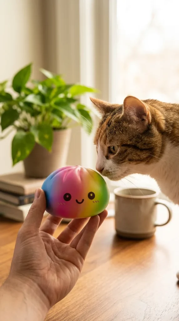 Rainbow Dumpling Squishy Grand Format tenu près d'un animal de compagnie curieux