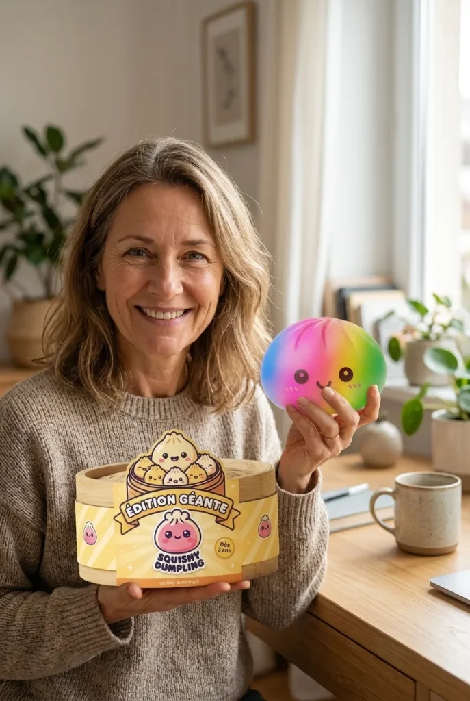 Rainbow Dumpling Squishy Grand Format présenté avec sa boîte panier vapeur — photo client