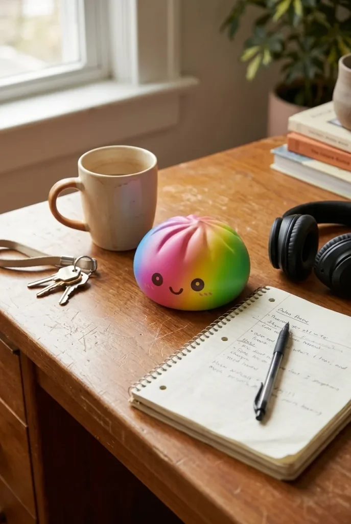 Rainbow Dumpling Squishy Grand Format posé sur un bureau, dans le quotidien