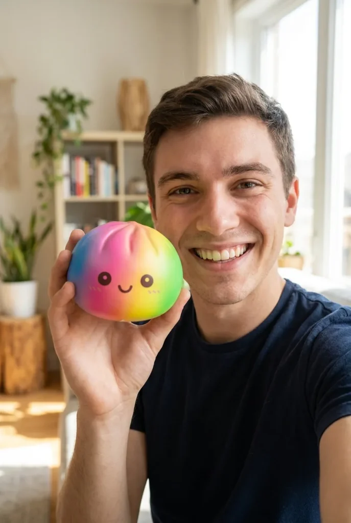 Rainbow Dumpling Squishy Grand Format tenu près du visage — photo client