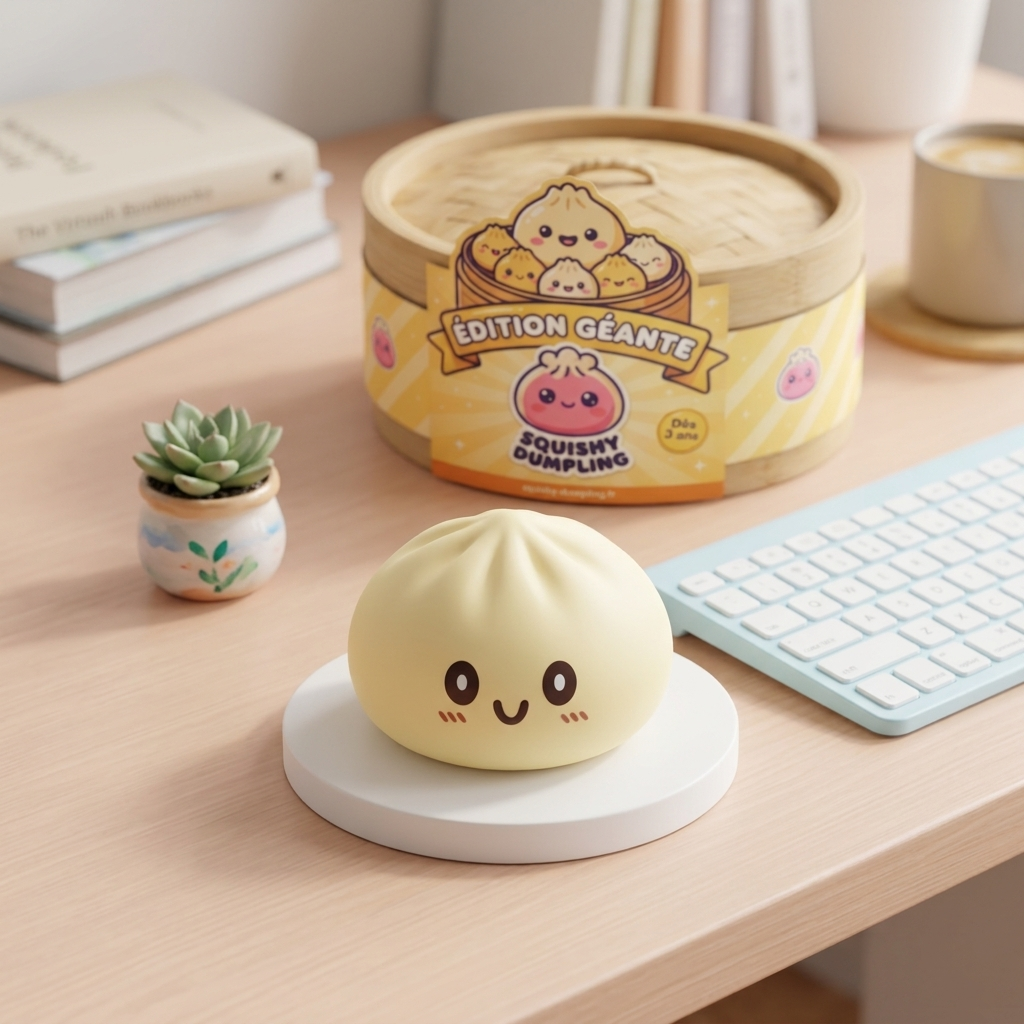 Squishy Dumpling Jaune Jumbo Géant en ambiance sur un bureau
