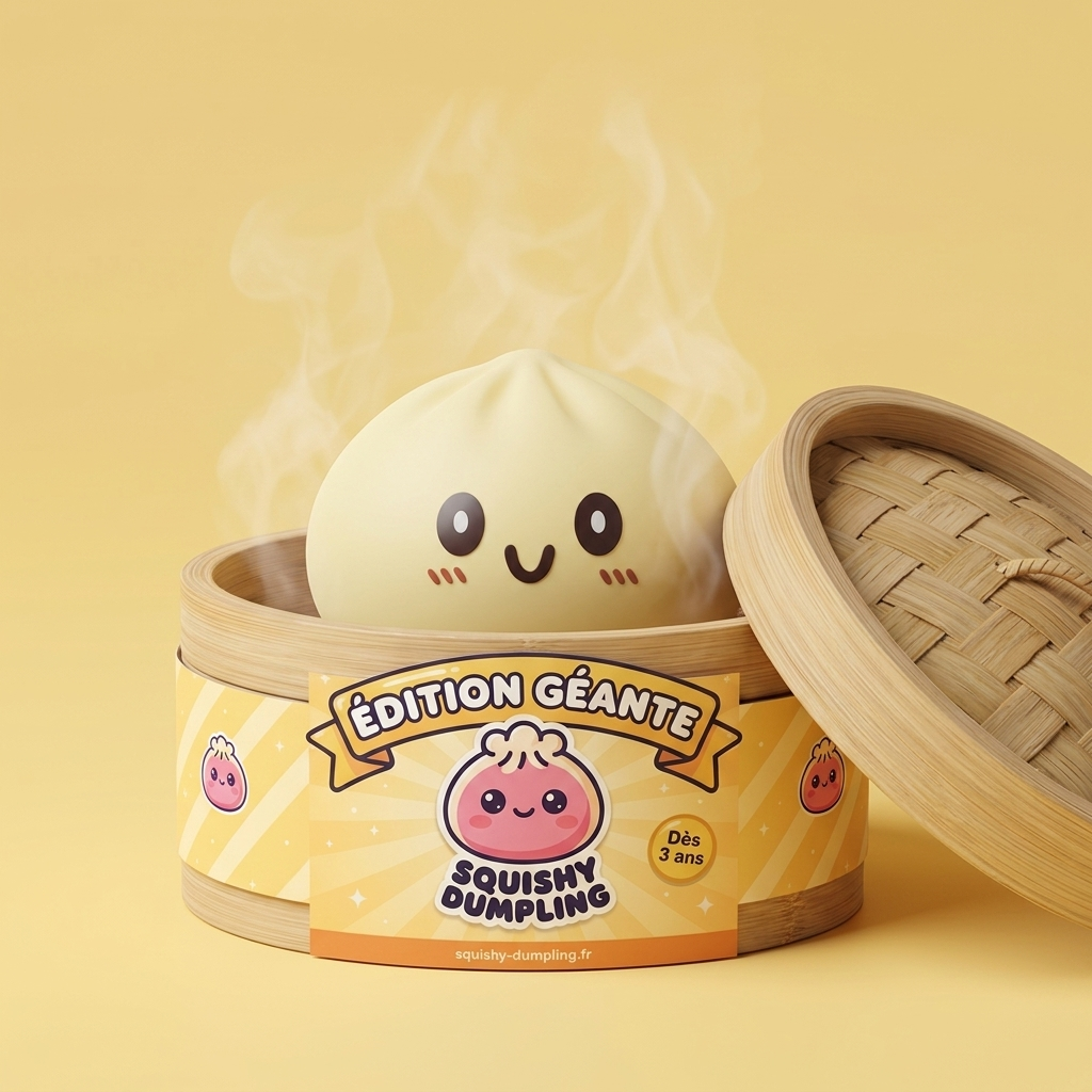 Squishy Dumpling Jaune Jumbo Géant dans sa boîte panier vapeur bambou