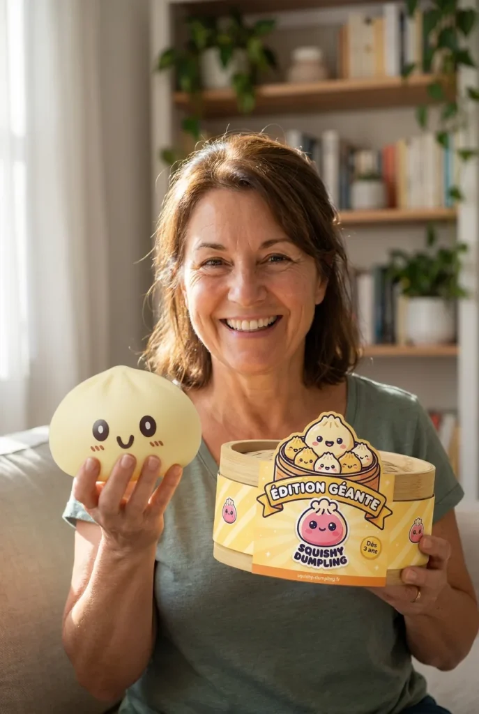 Squishy Dumpling Jaune Jumbo Géant présenté avec sa boîte panier vapeur — photo client