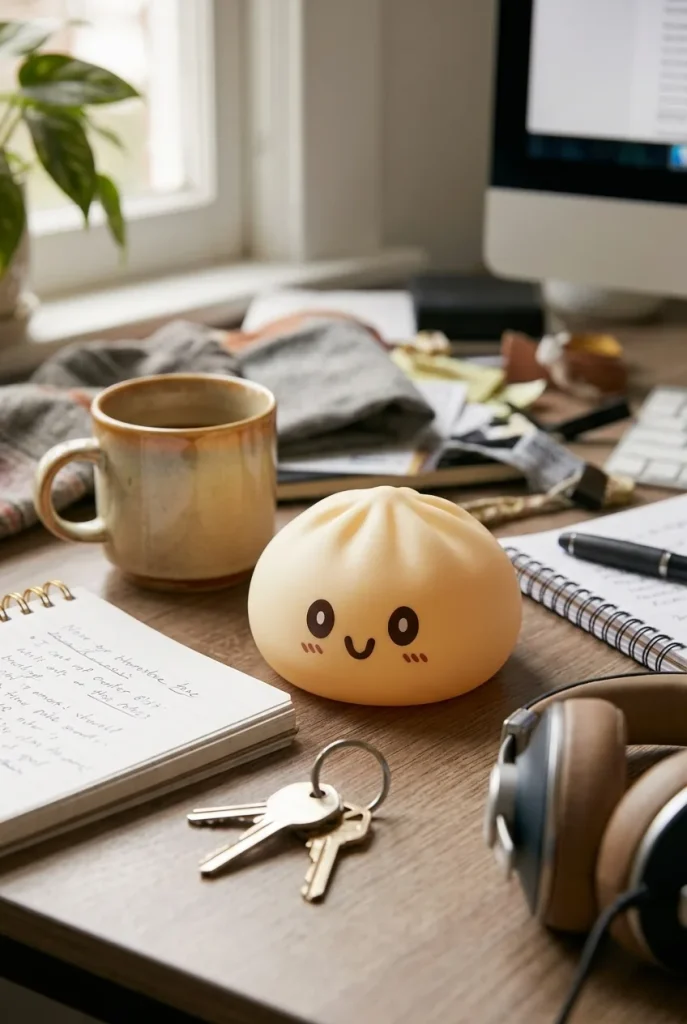 Squishy Dumpling Jaune Jumbo Géant posé sur un bureau, dans le quotidien