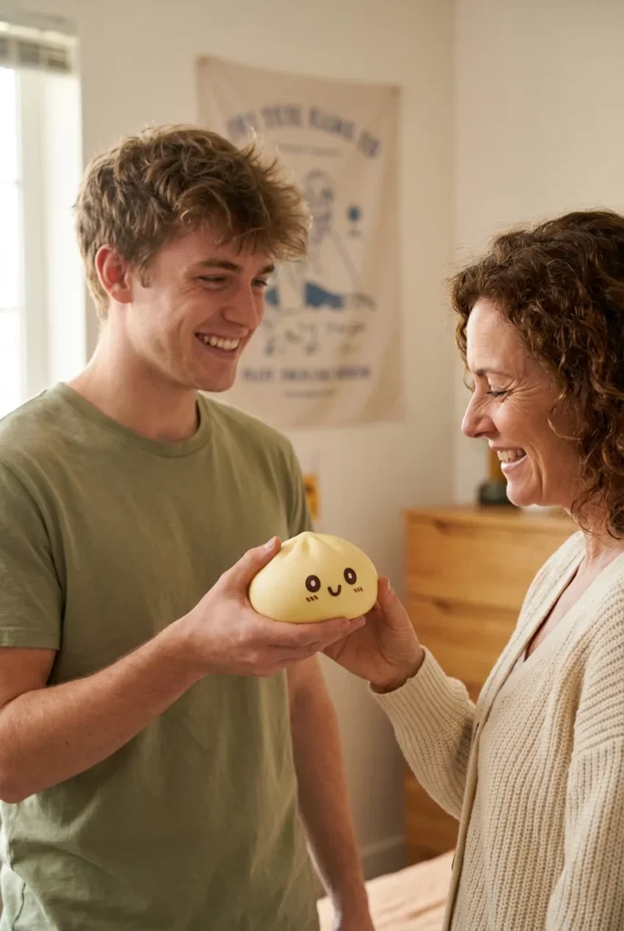 Squishy Dumpling Jaune Jumbo Géant offert en cadeau entre deux personnes