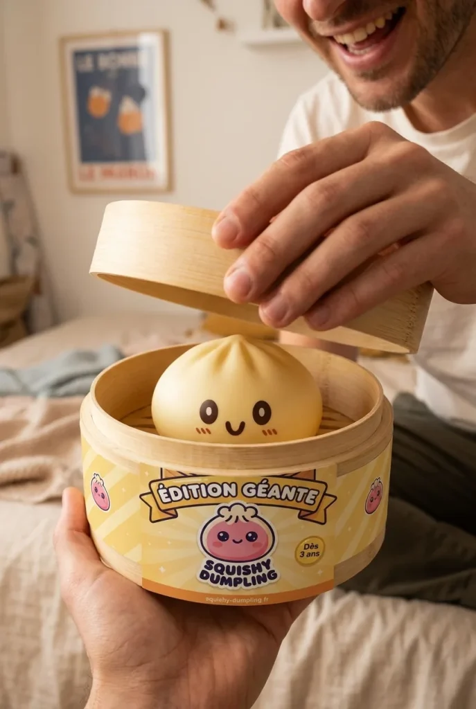 Déballage du Squishy Dumpling Jaune Jumbo Géant — la boîte panier vapeur s'ouvre