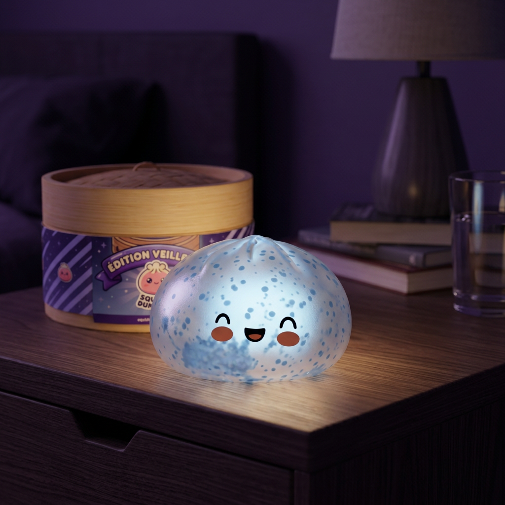 Dumpling Squishy Bleu Glacé Sparkle en ambiance sur un bureau