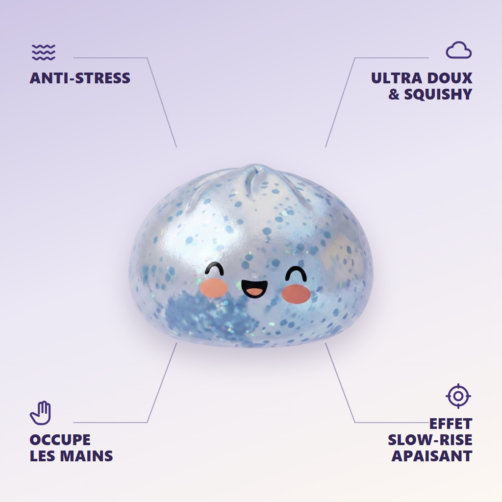 Dumpling Squishy Bleu Glacé Sparkle — anti-stress, ultra doux, effet slow-rise