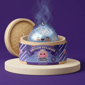Dumpling Squishy Bleu Glacé Sparkle dans sa boîte panier vapeur façon bambou