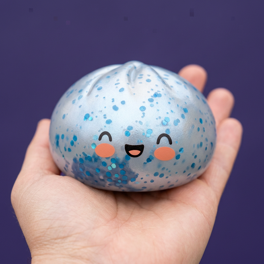 Dumpling Squishy Bleu Glacé Sparkle tenu en main, taille réelle