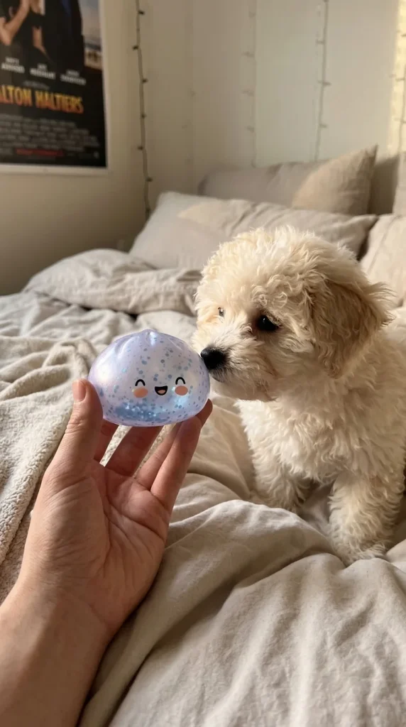Dumpling Squishy Bleu Glacé Sparkle tenu près d'un animal de compagnie curieux