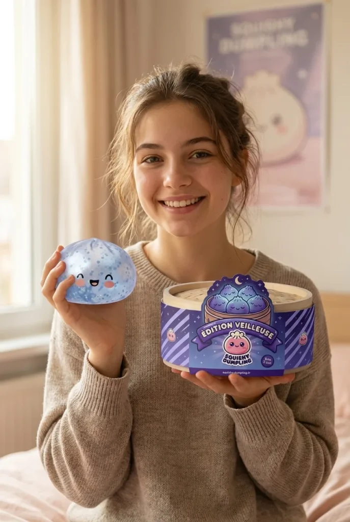 Dumpling Squishy Bleu Glacé Sparkle présenté avec sa boîte panier vapeur — photo client