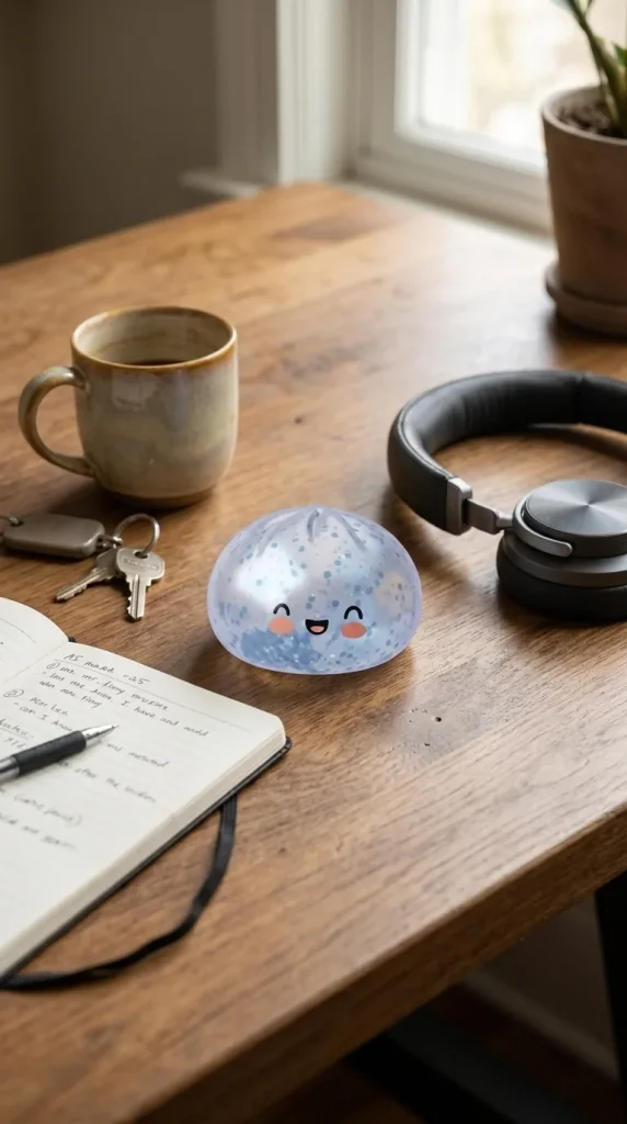 Dumpling Squishy Bleu Glacé Sparkle posé sur un bureau, dans le quotidien