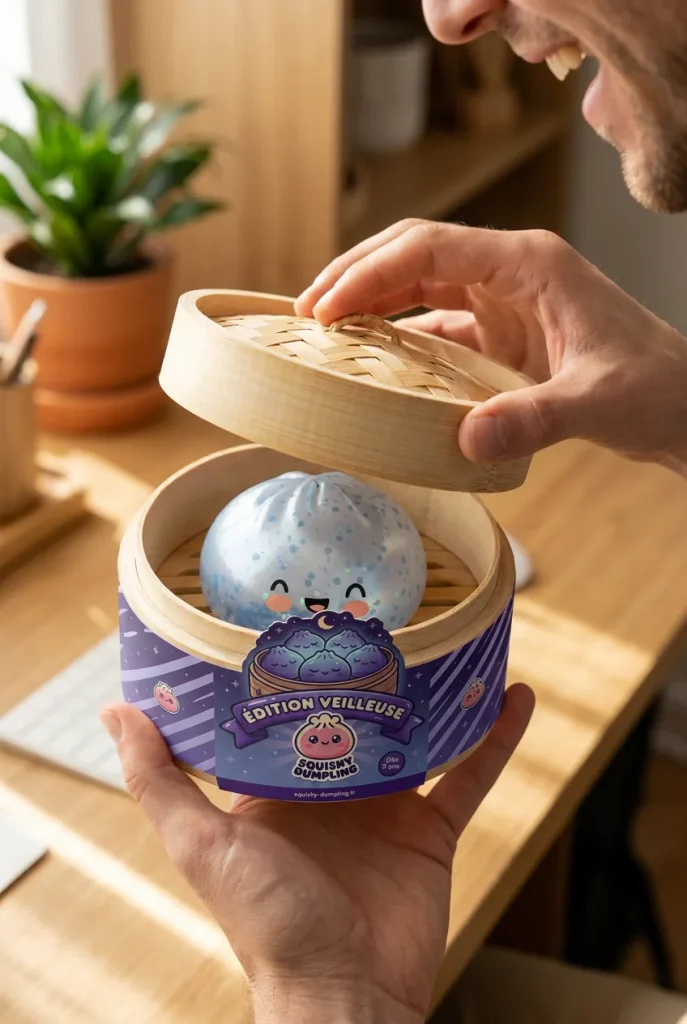 Déballage du Dumpling Squishy Bleu Glacé Sparkle — la boîte panier vapeur s'ouvre