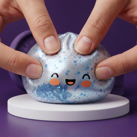 Dumpling Squishy Bleu Glacé Sparkle pressé dans la main, matière squishy