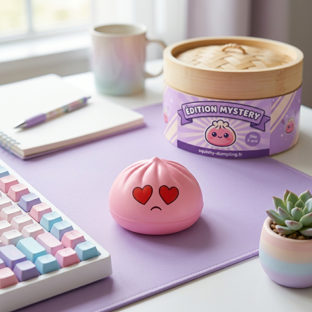 Mini Dumpling Squishy Jouet Kawaii en ambiance sur un bureau