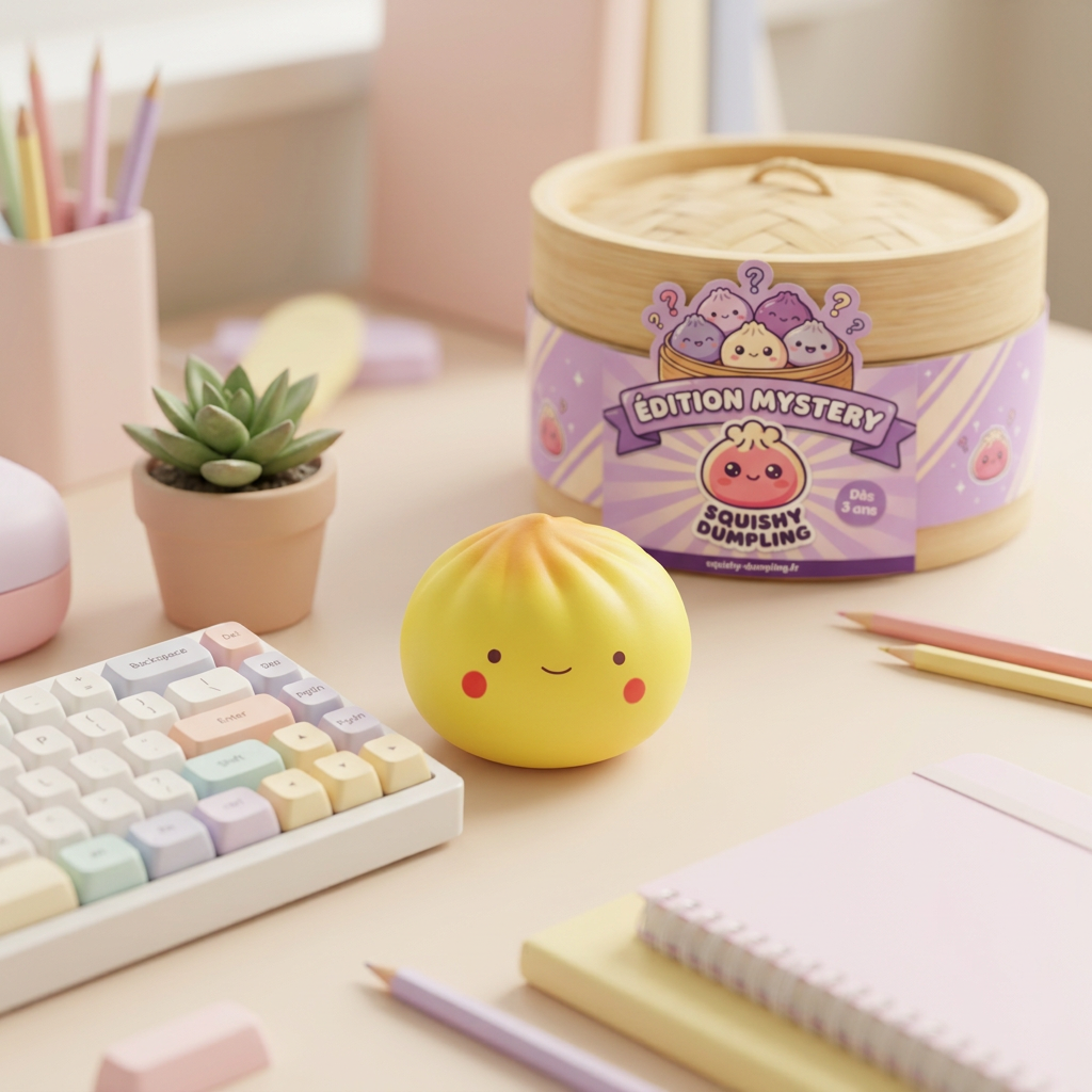 Dumpling Squishy Blind Box Mini en ambiance sur un bureau