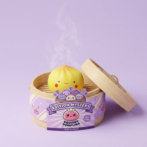Dumpling Squishy Blind Box Mini dans sa boîte panier vapeur bambou