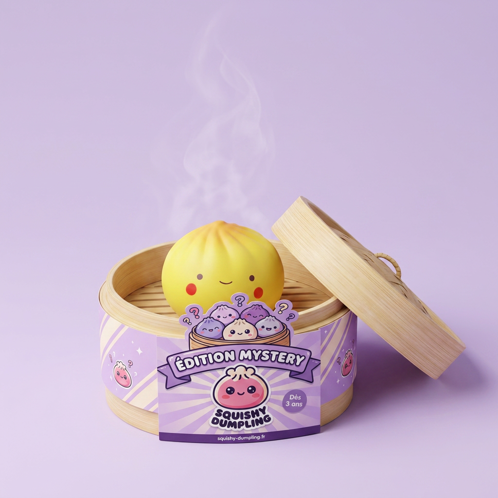 Dumpling Squishy Blind Box Mini dans sa boîte panier vapeur bambou