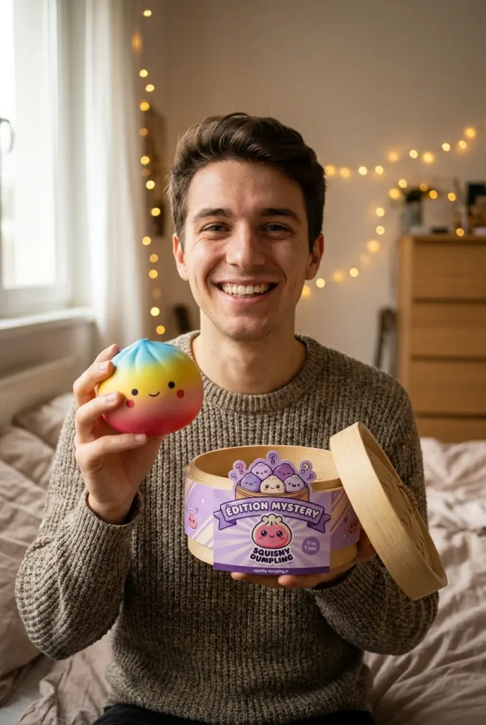 Dumpling Squishy Blind Box Mini présenté avec sa boîte panier vapeur — photo client