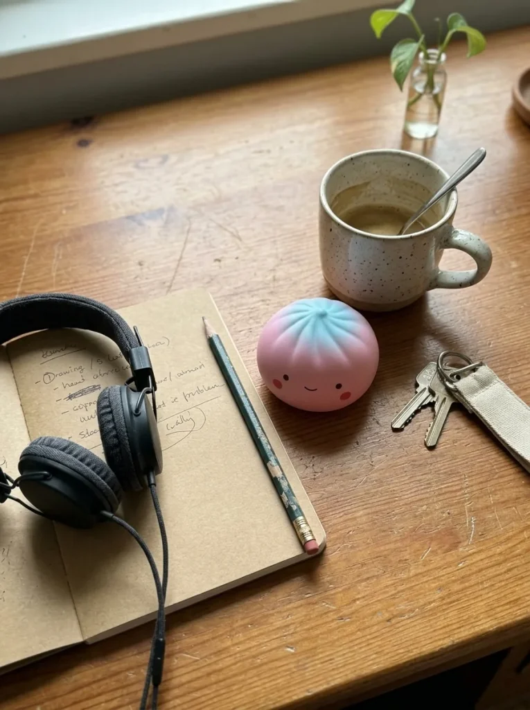 Dumpling Squishy Blind Box Mini posé sur un bureau, dans le quotidien
