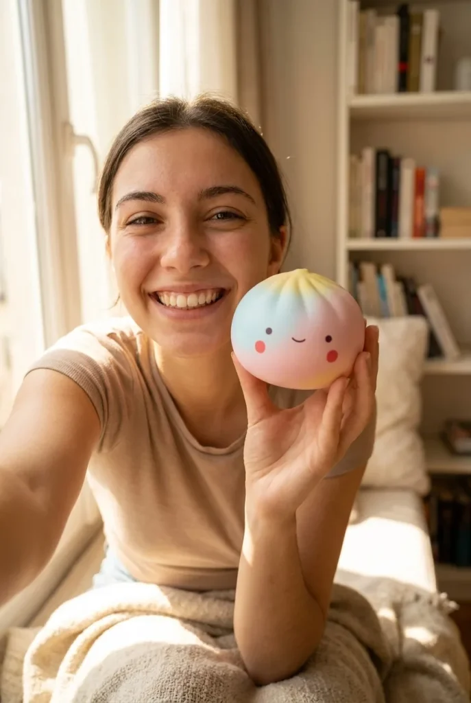 Dumpling Squishy Blind Box Mini tenu près du visage — photo client