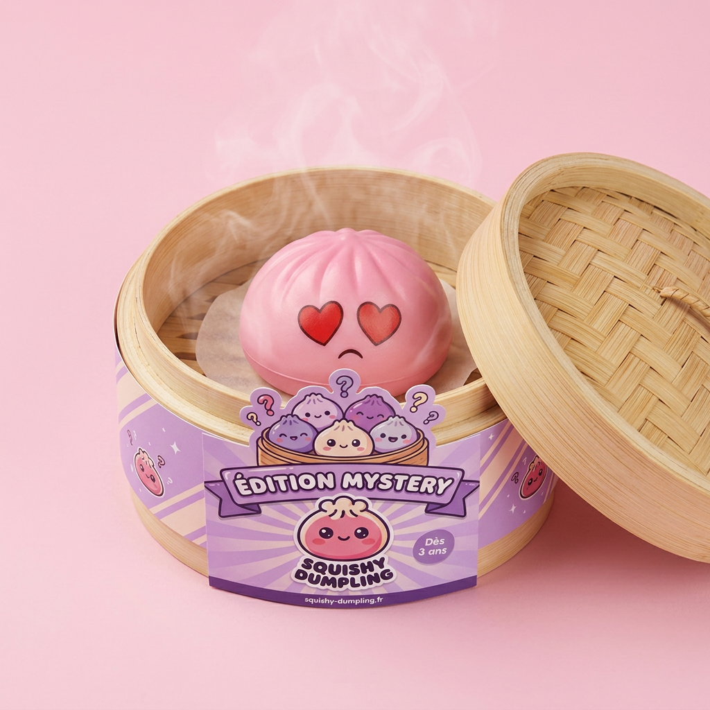 Mini Dumpling Squishy Jouet Kawaii dans sa boîte panier vapeur bambou