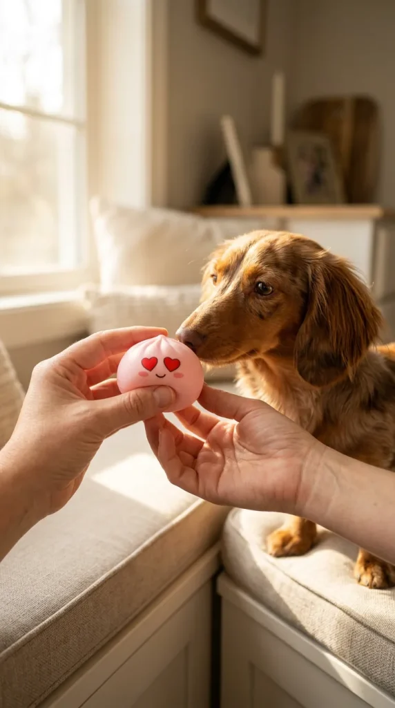 Mini Dumpling Squishy Jouet Kawaii tenu près d'un animal de compagnie curieux