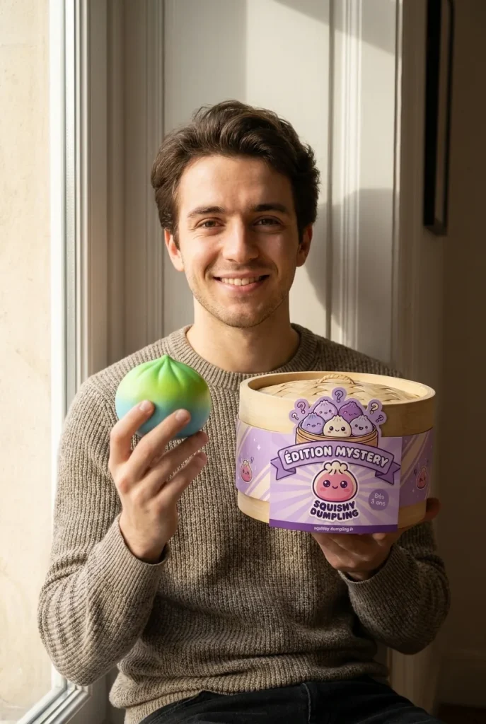Mini Dumpling Squishy Jouet Kawaii présenté avec sa boîte panier vapeur — photo client