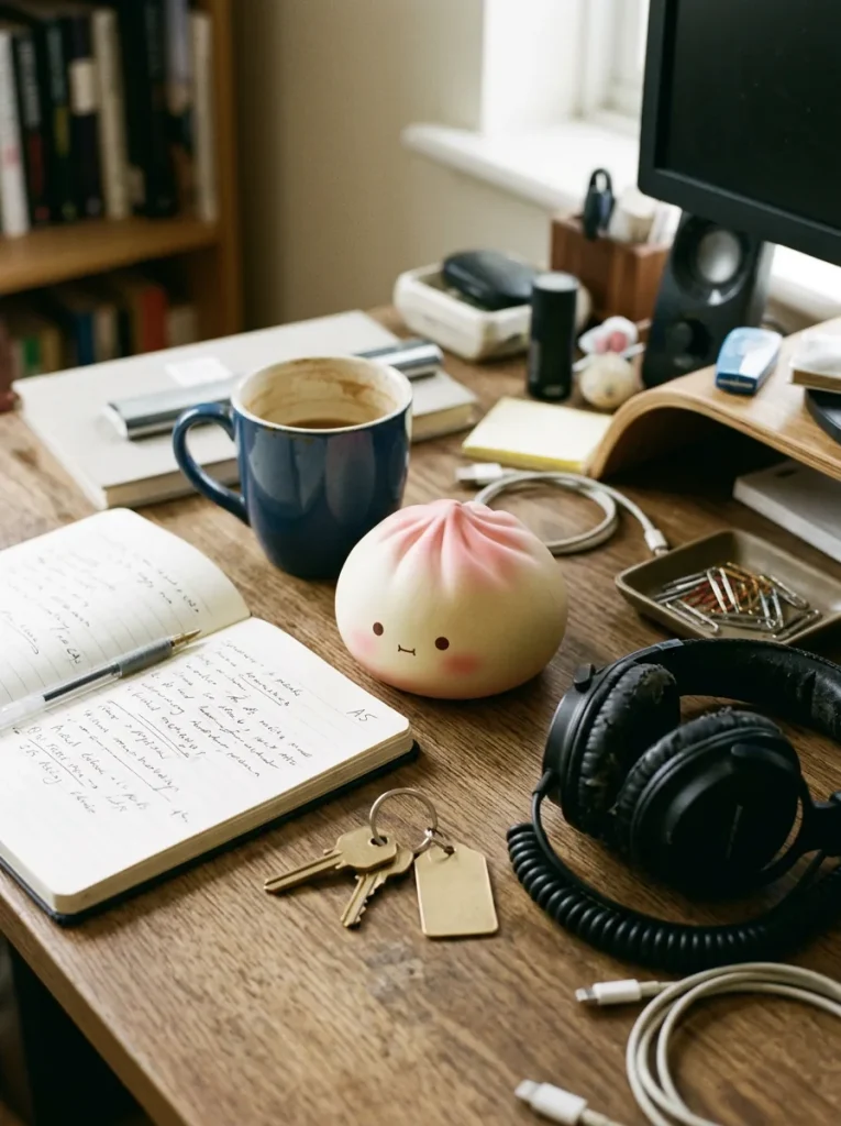 Mini Dumpling Squishy Jouet Kawaii posé sur un bureau, dans le quotidien