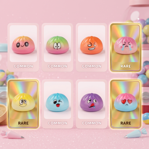 Mini Dumpling Squishy Jouet Kawaii — carte des raretés (commun, rare, ultra rare)