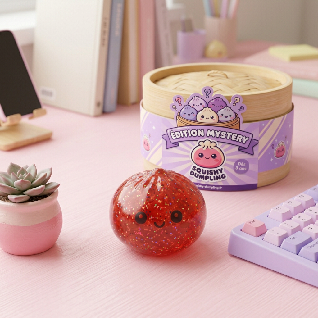 Mini Dumpling Squishy Métallique Brillant en ambiance sur un bureau