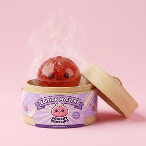 Mini Dumpling Squishy Métallique Brillant dans sa boîte panier vapeur bambou