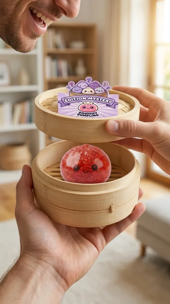 Déballage du Mini Dumpling Squishy Métallique Brillant — la boîte panier vapeur s'ouvre