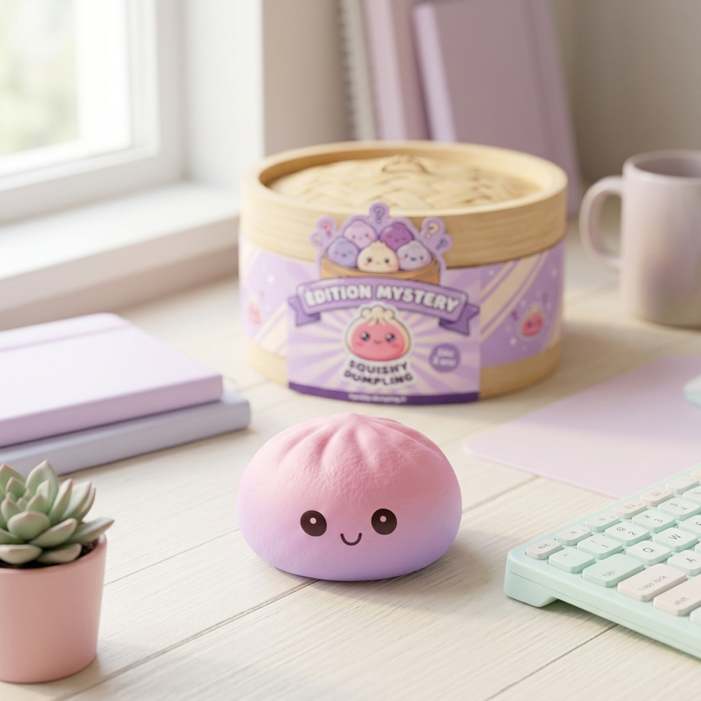 Mini Dumplings Squishy Mystère Surprise en ambiance sur un bureau