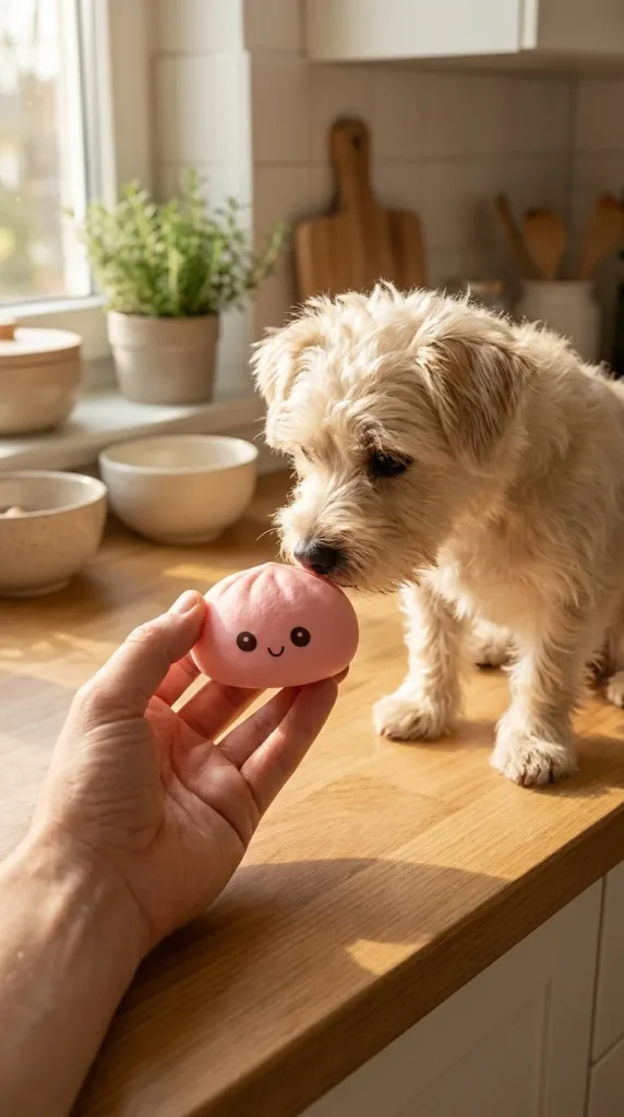 Mini Dumplings Squishy Mystère Surprise tenu près d'un animal de compagnie curieux