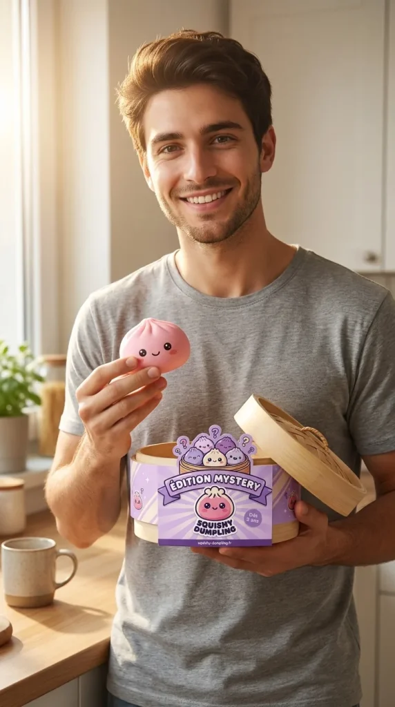 Mini Dumplings Squishy Mystère Surprise présenté avec sa boîte panier vapeur — photo client