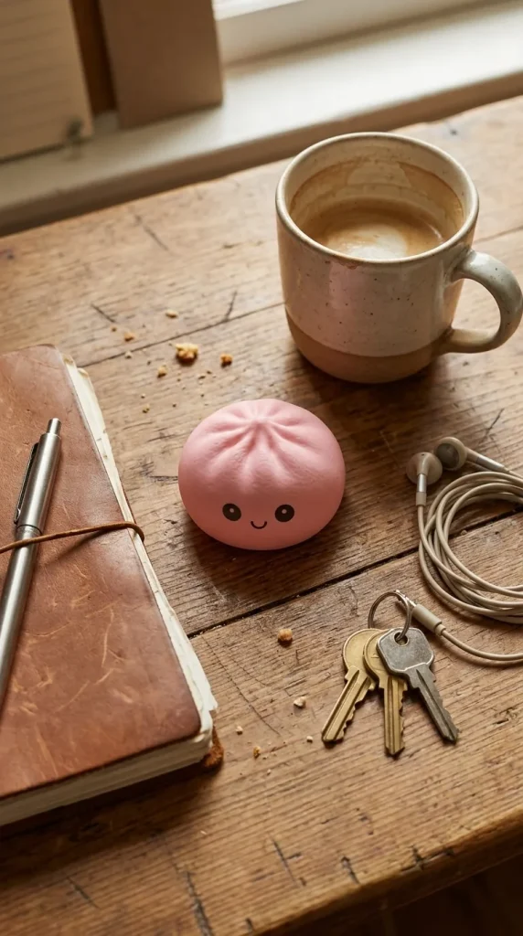 Mini Dumplings Squishy Mystère Surprise posé sur un bureau, dans le quotidien