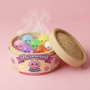 Mini Dumpling Squishy Sucré dans sa boîte panier vapeur façon bambou